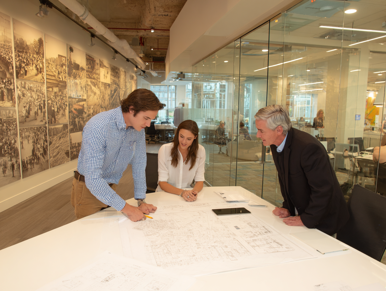 Acoustic specialist reviewing museum floor plans with architect and exhibit designer